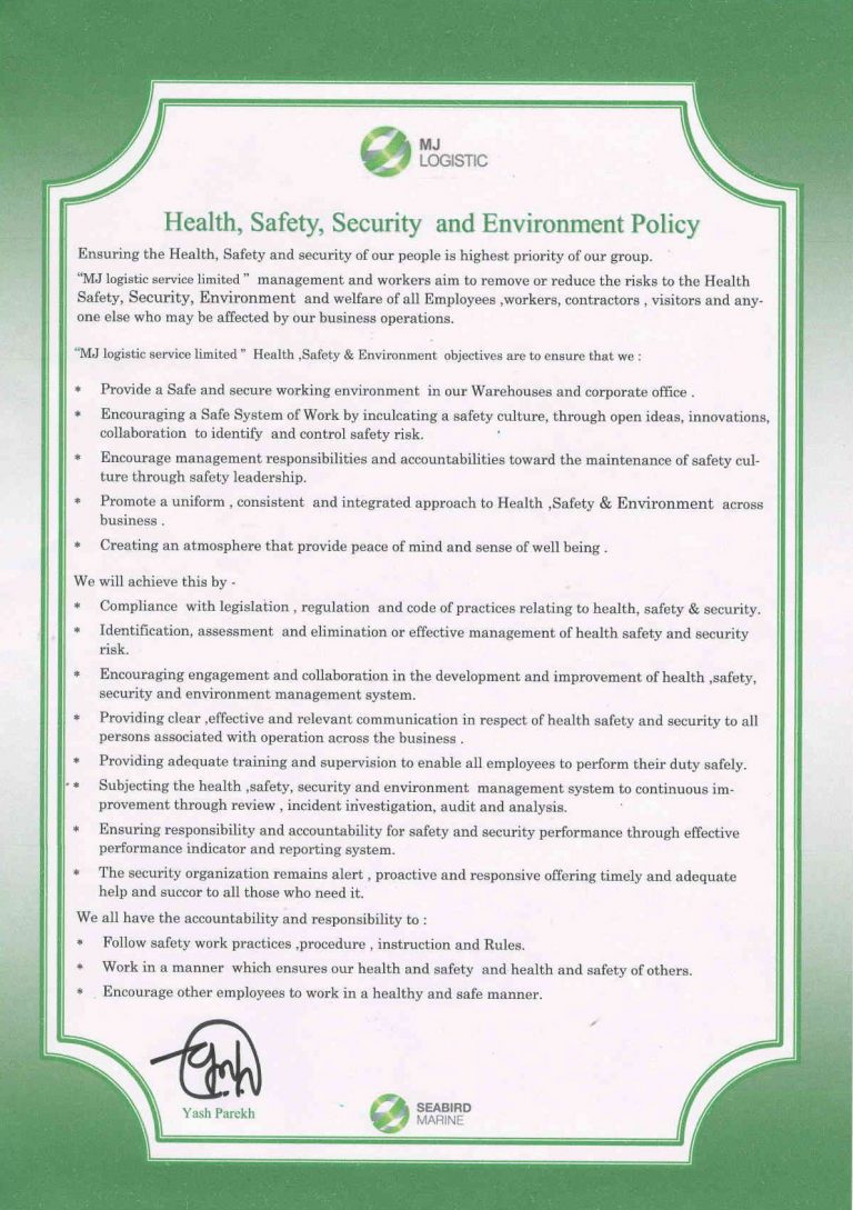 Health safety environment policy Shipping Services In India